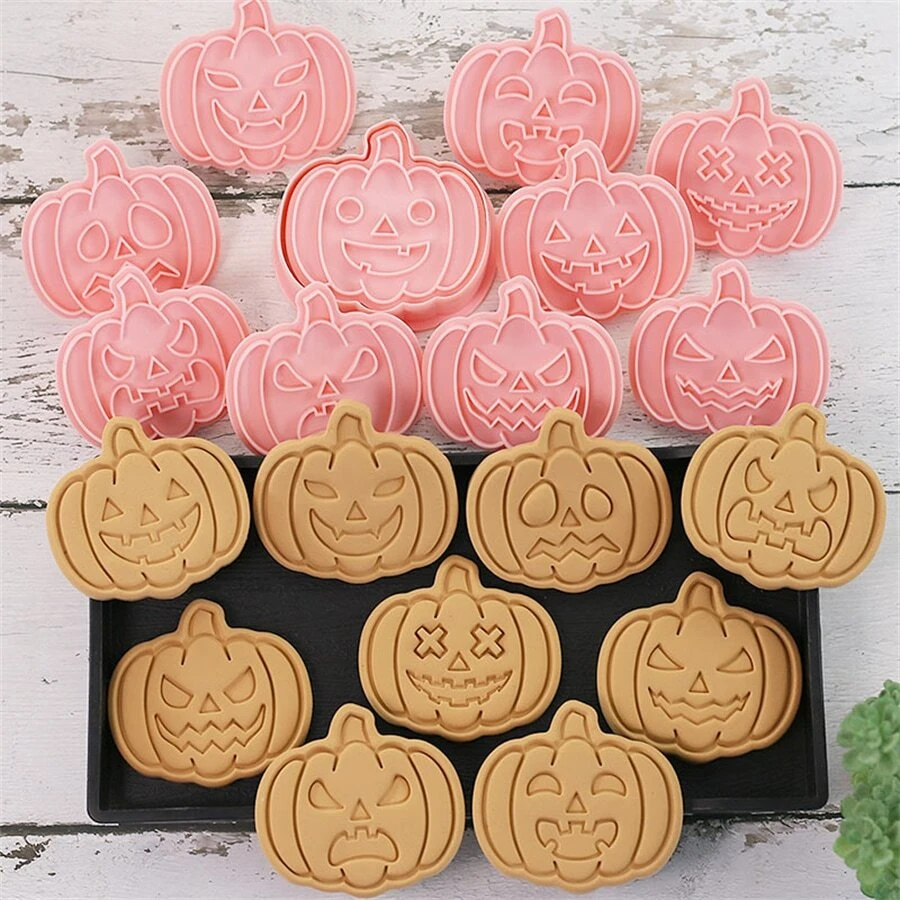 Set de 10 moldes para galletas de Halloween en forma de calabaza y expresiones divertidas, para fondant, galletas, bizcochos, pasteles y decoración de pasteles