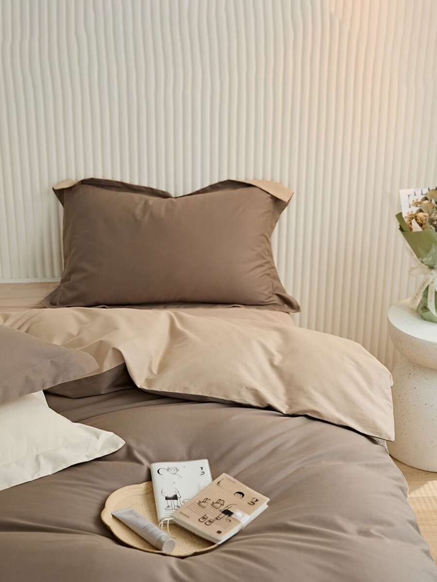 Coffee-colored Double-spliced Pressed Line Pillow Case Plus Coral Fleece Duvet Cover Three Piece Set