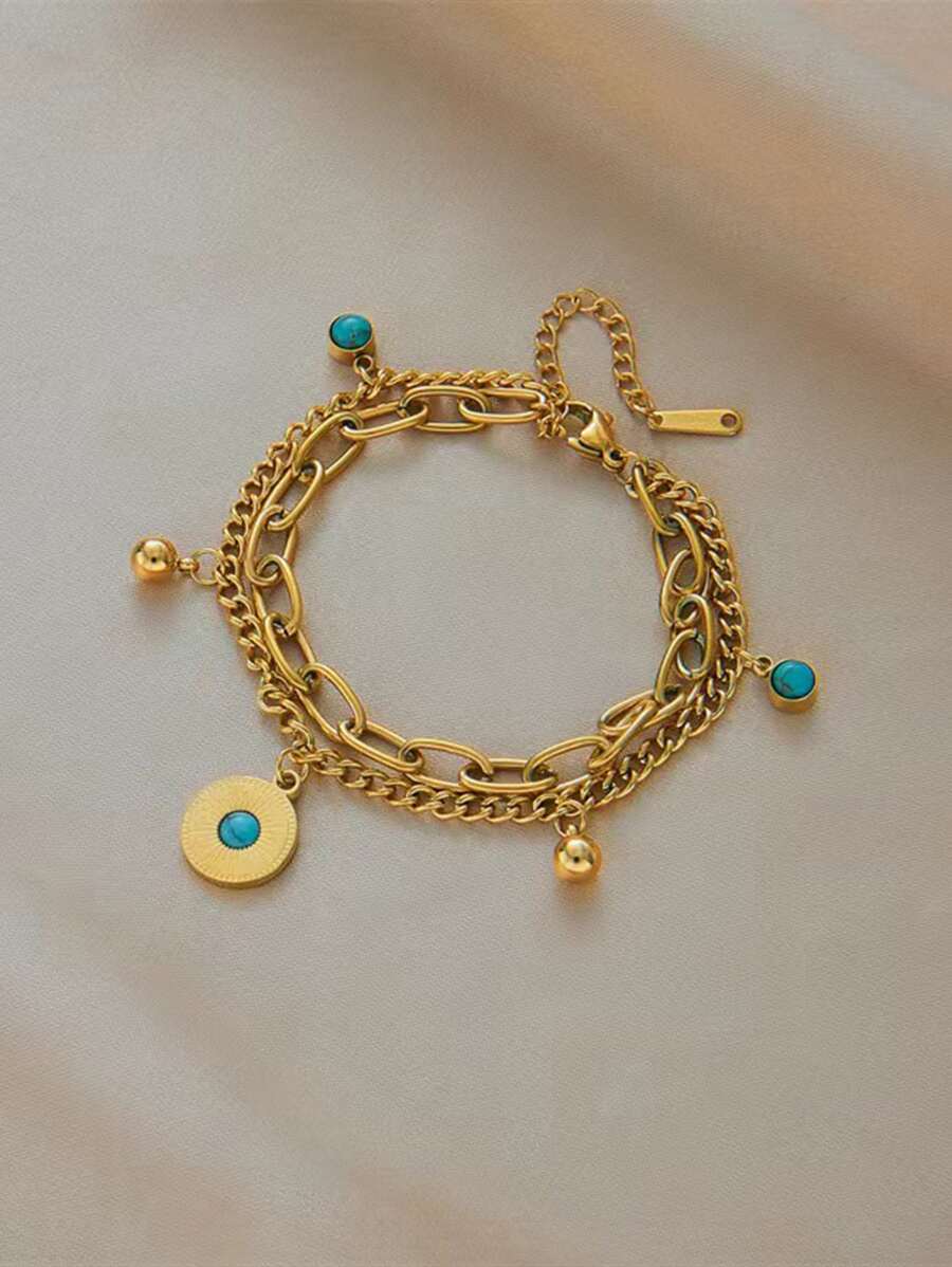 1pc Dual Layer Turquoise Bead Stainless Steel Bracelet