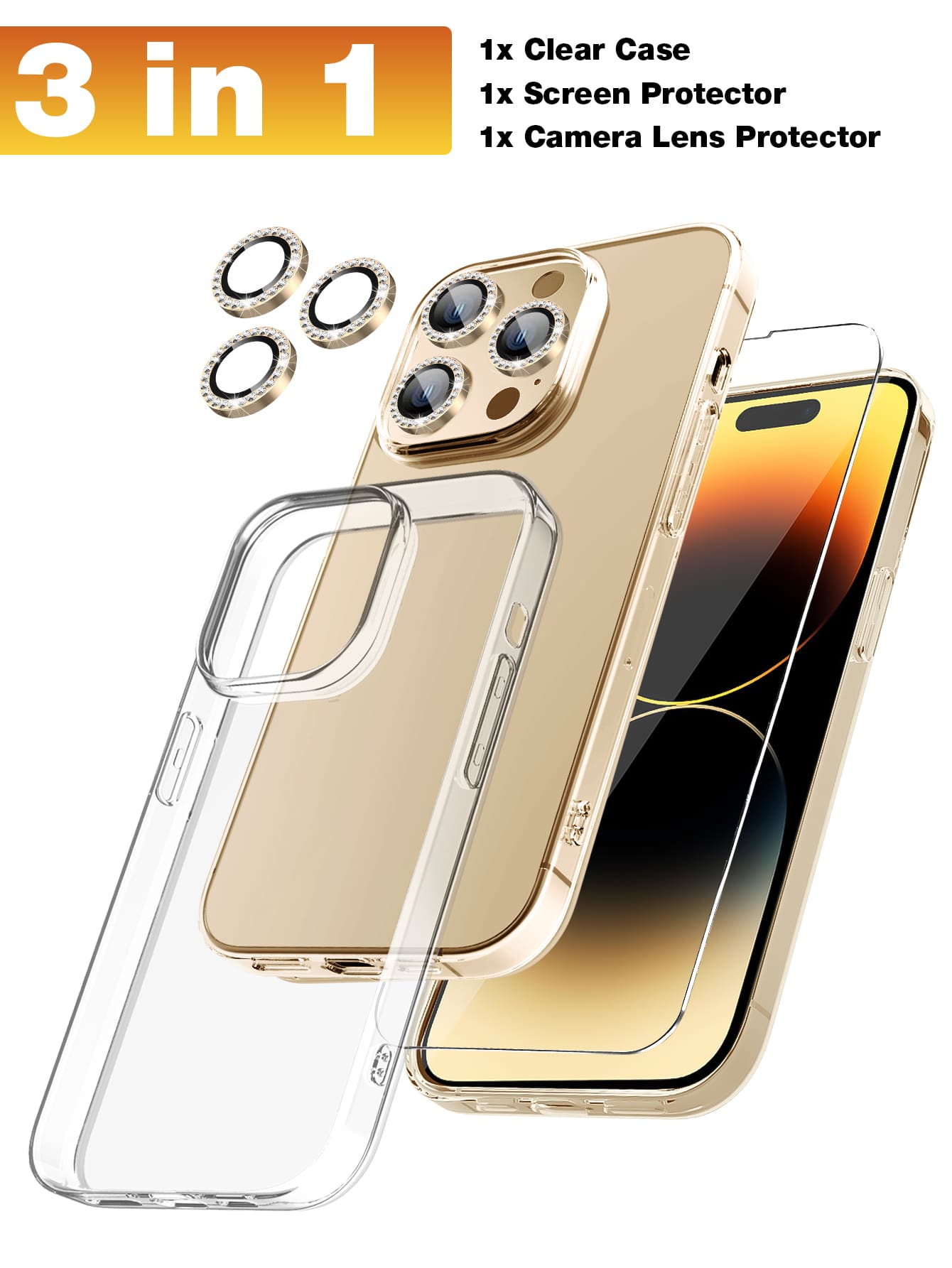 3pcs/set Transparent Soft Tpu Silicone Phone Case Compatible With Iphone 11/12/13/14 Pro Max, Clear Back Cover With Mirror, 3 Lenses & Diamond Lens Protector