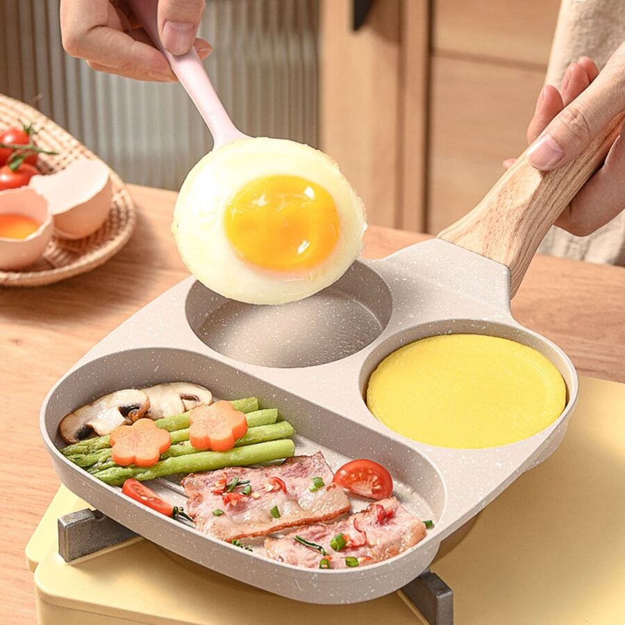 1pc Hamburger & Fried Eggs Pan, Non-stick Aluminum Flat Bottom Breakfast Cookware, 3 In 1