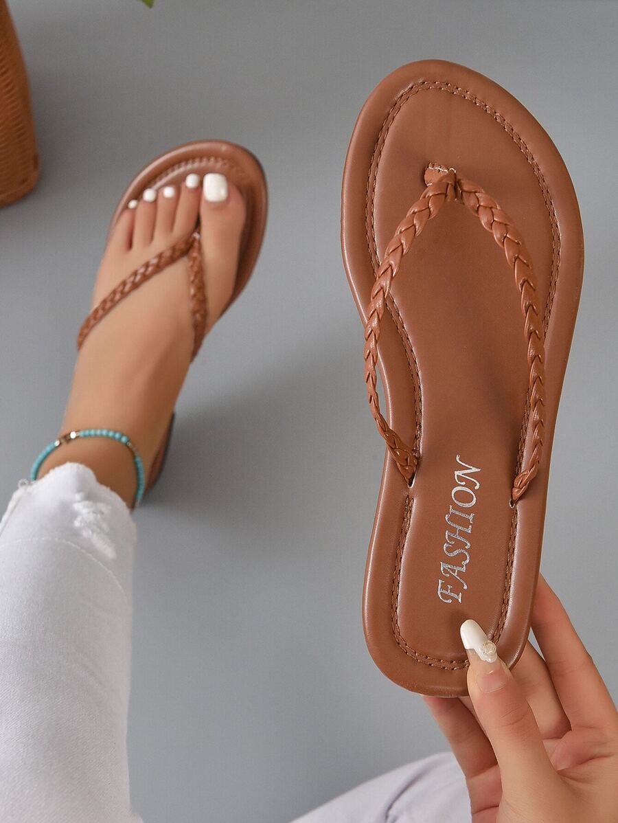 Women's Woven Rope Design Slip-on Sandals With Open Toe, Fashionable & Casual For Summer, Brown Color Anti-slip Flat Shoes For Home Wear
