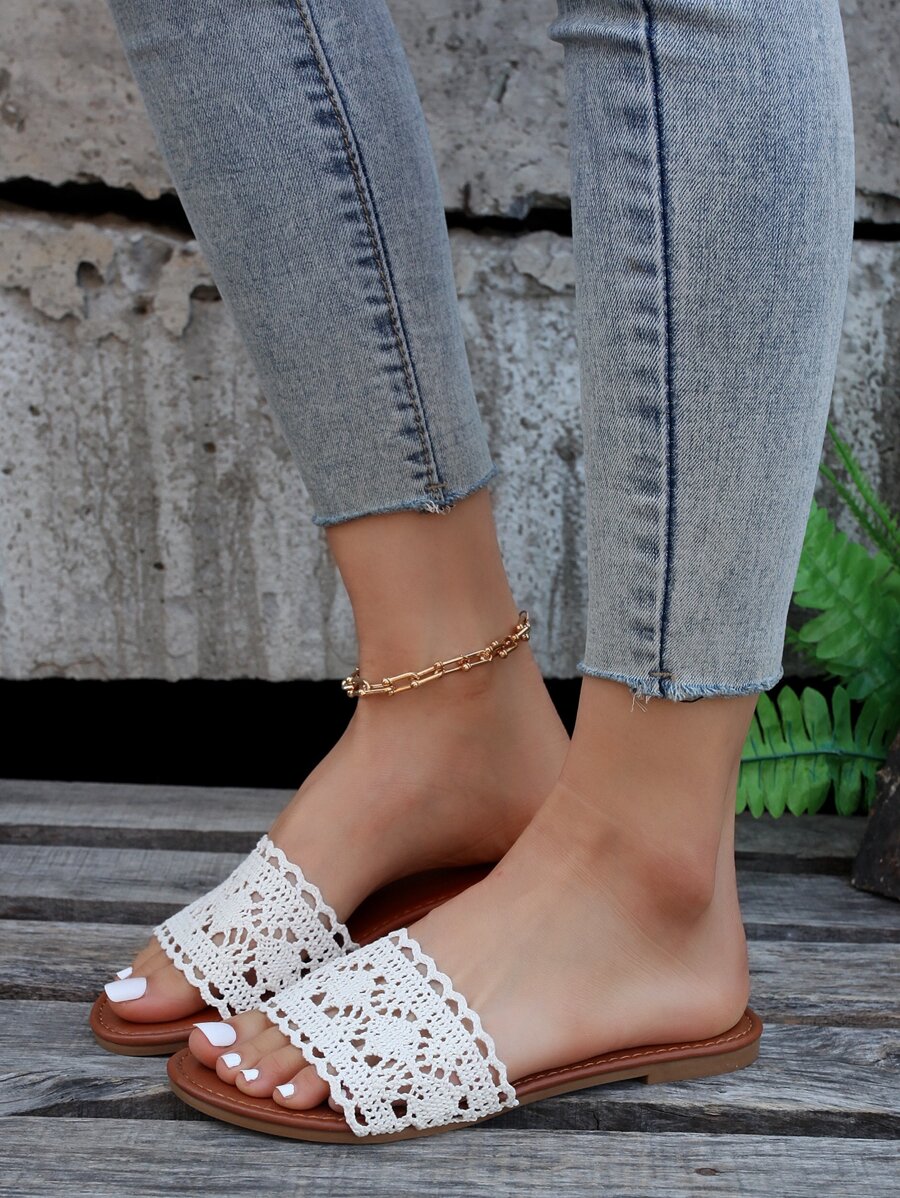 Women Woven Flower Decor Flip Flops, Fashion Resort Style, Suitable For Outdoor, Beach, Vacation