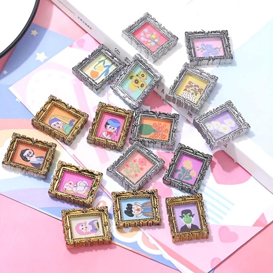 Juego de 5/10/20 piezas DIY con decoraciones de resina lindas con diseños de mini marcos de fotos de pintura al óleo retro para DIY en fundas de teléfono, cintas para el cabello, vasos de agua, imanes de nevera y decoración