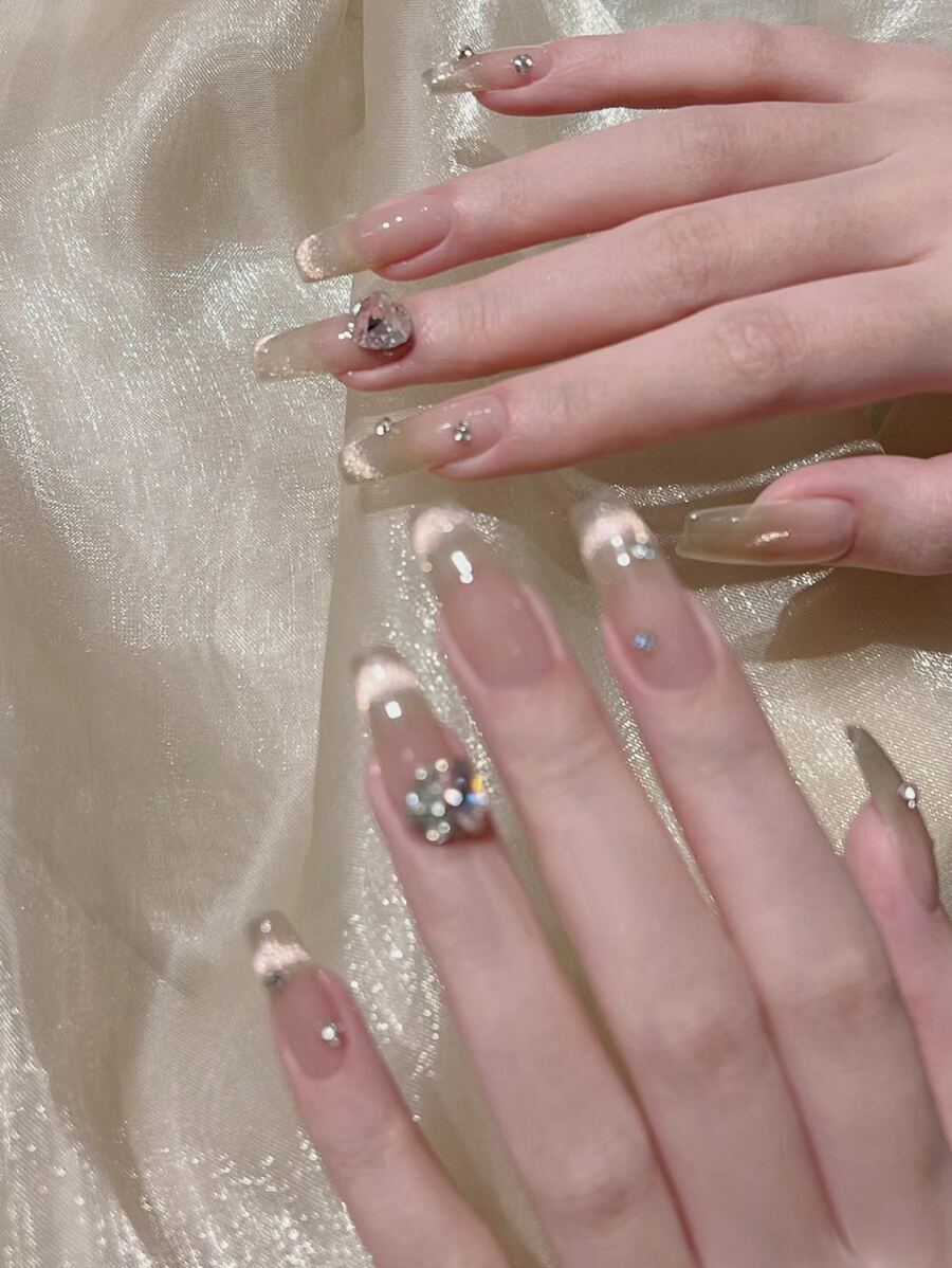 Uñas postizas usables con forma de corazón de aurora, desmontables, para novia, uñas postizas largas de color dorado pálido, suministros para uñas. uñas falsas uña falsa uña acrílica