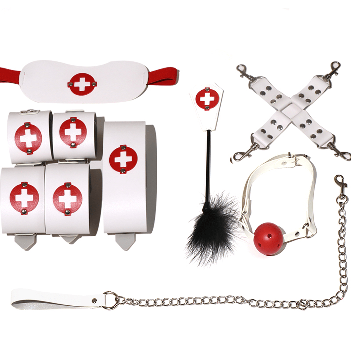 Eight Piece Box Set Role Play Handcuffs Chest Clip Ball Adult Sex Toys Red And White Color