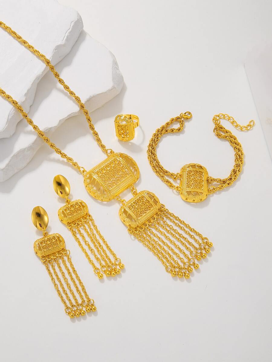 4pcs Luxury Tassel Plated Gold Necklace Bracelet Ring Earrings Women's Jewelry Set Suitable for Women's Wedding Accessories