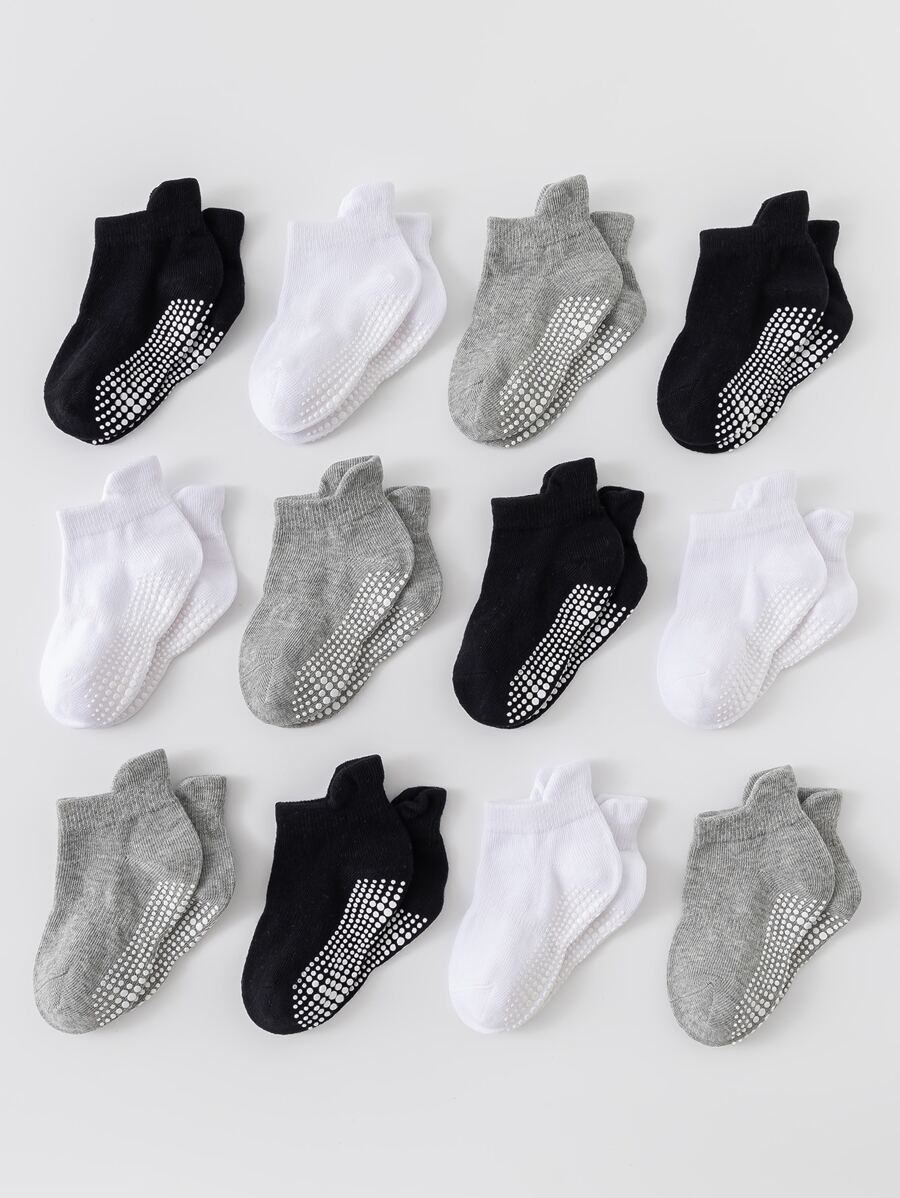 12pairs Kids' Basic Anti-slip Sports Socks, Trampoline Socks, Floor Socks, Ear Tube Socks In Black, White And Grey