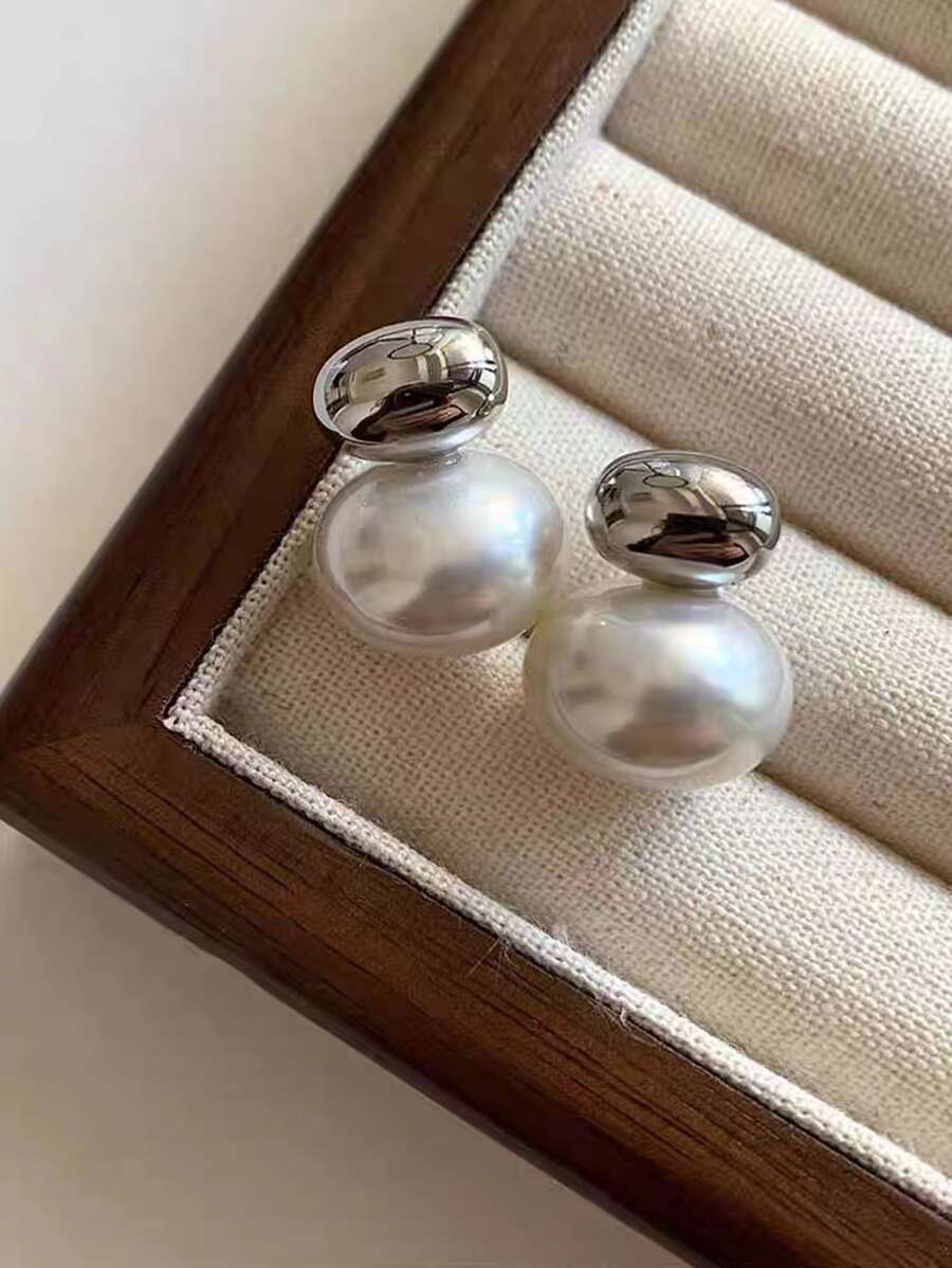 1 Par de Brincos de Botão com Pérola Falsa em Tom de Prata, Uso Diário para Mulheres