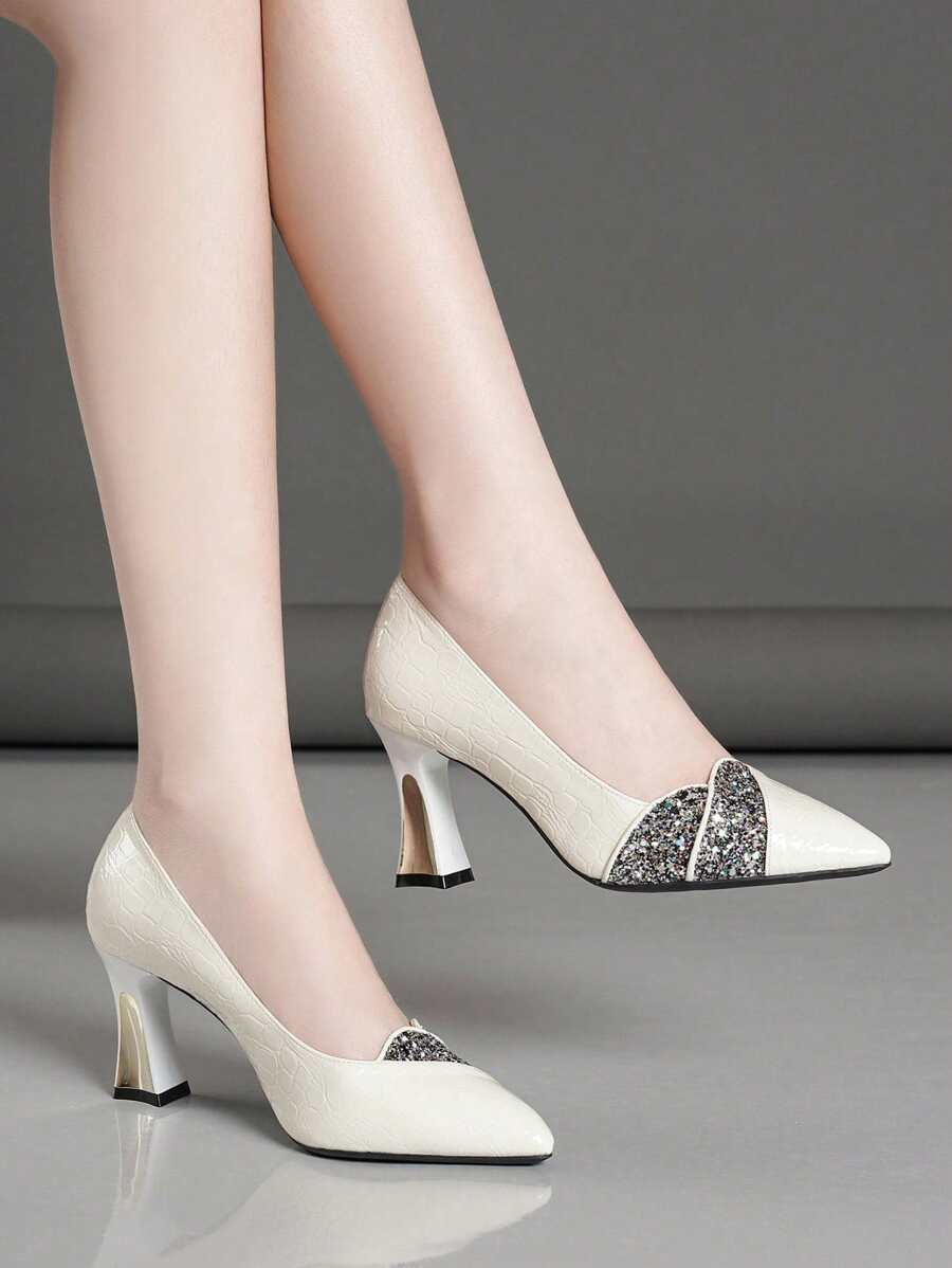 Mode spitz zulaufende Chunky Heel Pumps in Kroko-Optik mit Glitzer-Detail