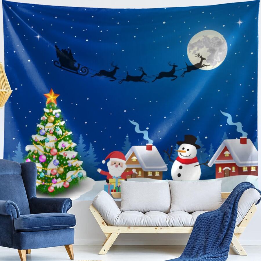 Christmas Tapestry Wall Hanging Decoration Featuring Santa Claus, Sleigh, Reindeer, And Snowman, Flag For Room, Room Decor, Tapestry, Wall Art ,Room Stuffs, Flags For Room, Christmas Decor, Home Decor, Christmas Decorations, Wall Tapestry
