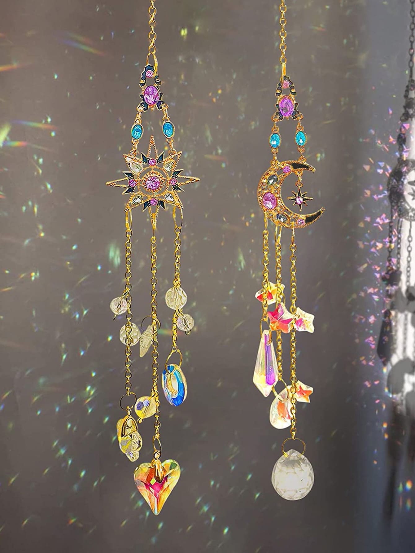 Crystal Suncatcher With Moon Star, Sun Catchers Indoor Window Rainbow Maker Suncatcher For Window, Window Hanging Ornament Rainbow Rhinestones Prisms Pendant Decor For Home Garden (1pc)