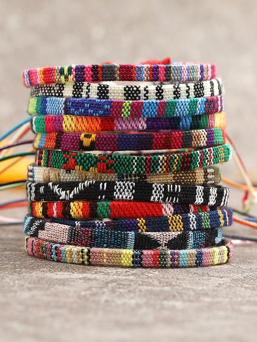 12pcs/set Bracelets Bohemian Summer Beach Party Dress Decor Colorful Ankle Bracelets Thin Rope Unisex Handmade Adjustable Elastic Weaving Bracelets Chain Jewelry Festival Friendship Lucky Hand Rope Teacher Gift for Men Women Couple Teen