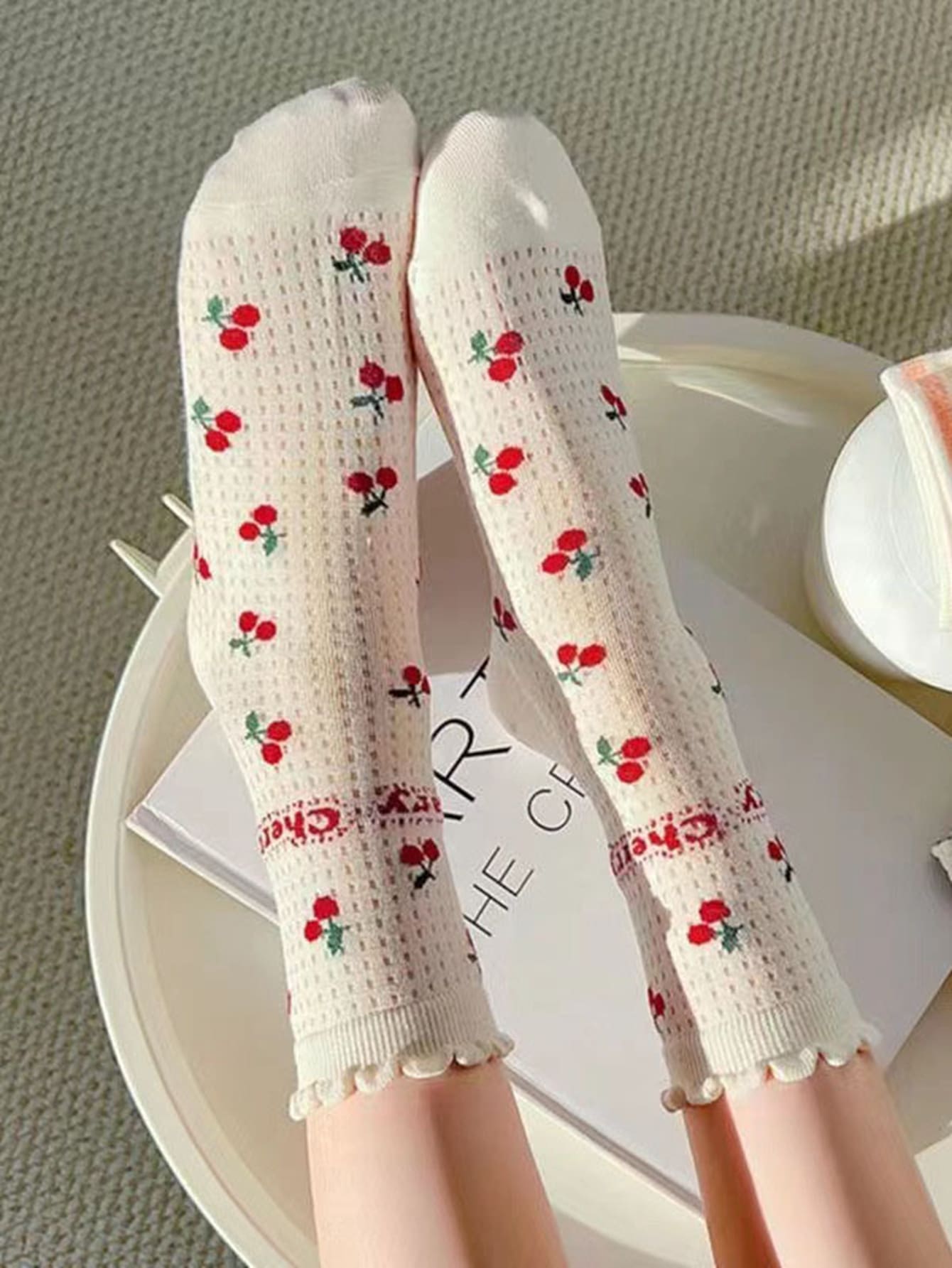 Summer Women's Short Socks With Hollow Out Design, Cute Cherry Pattern And Lace Ruffle For Casual Lolita, Ankle Length/mid-calf Plain Socks