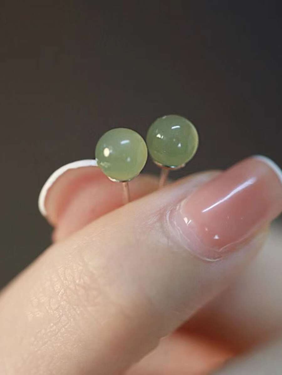 1 par de brincos de pino de jade verde femininos da moda, piercing de orelha simples e doce com revestimento de cobre e prata, presente perfeito para o dia dos namorados e uso diário