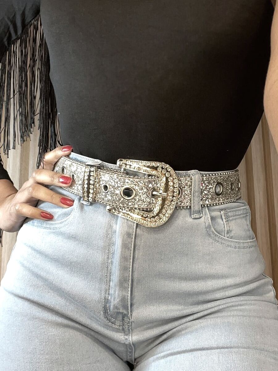 1pc Women Rhinestone And Beaded Chain Decorated Belt, Elegant And Wide Personalized Belt With Sparkling Decoration For Jeans And Shirts Halloween