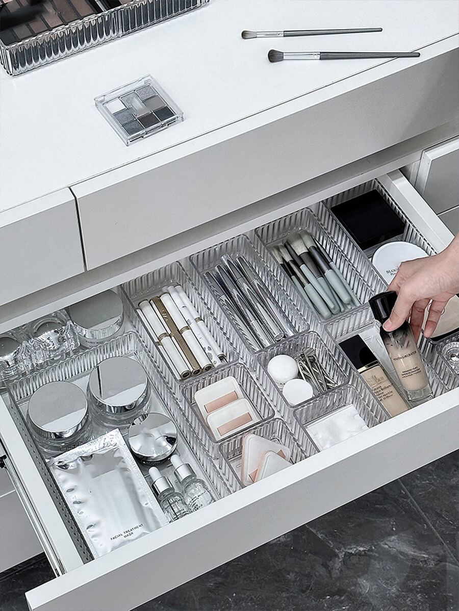 7pcs Transparent Makeup Storage Box With Drawer Style Separators For Desktop, Cosmetic Organizer Shelf