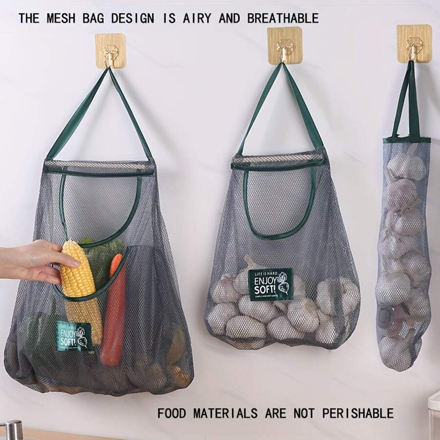 3 Pièces Sac De Rangement En Maille Réutilisable À Suspendre Au Mur, Sac En Maille Solide Et Durable Pour Les Fruits Et Les Légumes, Panier À Fruits Suspendu Lavable Et Écologique Pour L'ail, Les Pommes De Terre, Les Oignons Ou L'organisation Du Garde-manger