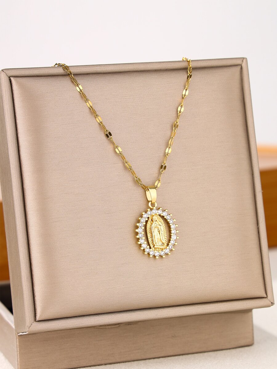 1 pièce Collier En Acier Inoxydable Créatif & Personnalisé Mode Ovale Design micro Incrusté Zircone Cubique Pendentif Pour Femme , Adapté Pour Mariage , Fête Et Port Quotidien