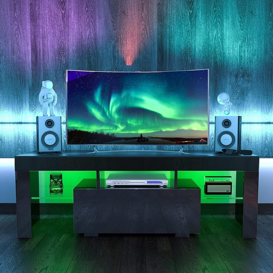 QQD LED TV Stand High Glossy Front Entertainment Center Modern Television Stands With Large Storage Wood TV Stand For 55/60 Inch TV Gaming Media TV Console For Living Room Bedroom