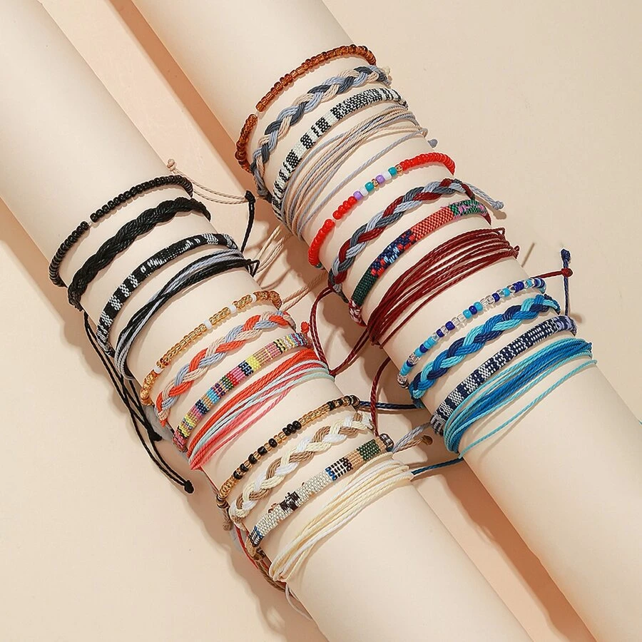 24pcs/Set Nepal Style & Linen Woven Rainbow Bohemian Handmade Bracelets, Surfer Bracelets, Friendship Bracelets