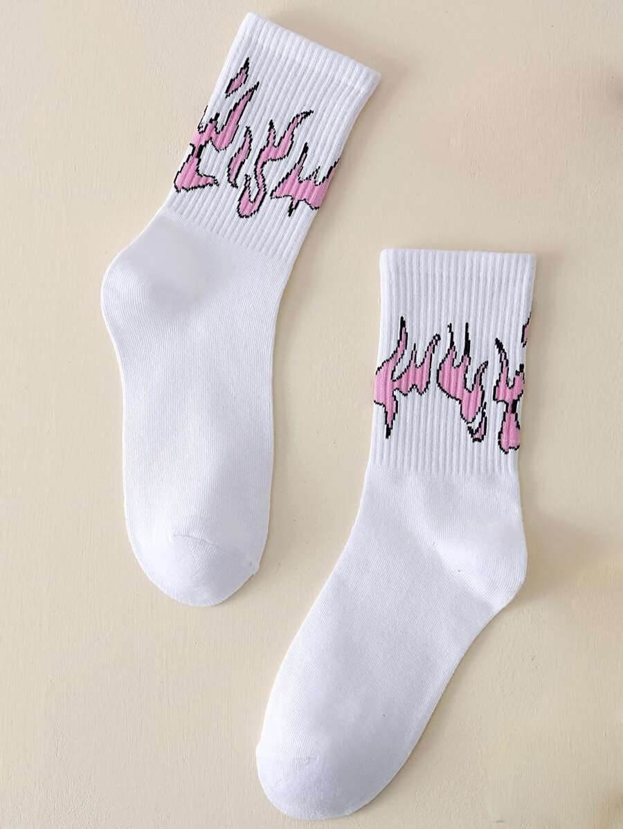 A Pair Of Women's Breathable Sweat-Wicking Comfortable Casual Pink Flame Pattern Mid-Tube Socks