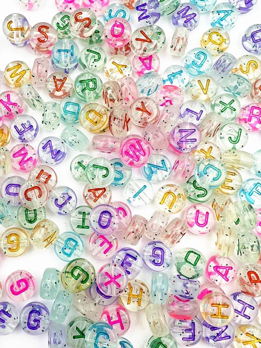 200 piezas de cuentas de acrílico transparentes con purpurina para elaborar collares, pulseras y joyería, con letras, de 7x4mm, con orificio de 1.5mm