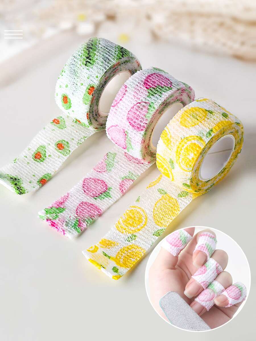 3 pièces/lot Bandage élastique auto-adhésif non tissé respirant avec motif de fruits de couleur aléatoire pour salon de manucure pour femmes, filles, enfants. Conception d'ongles DIY pour salon à domicile, fournitures pour ongles, outils pour ongles, outils pour nail art, rentrée scolaire, ongles, outils pour faux ongles