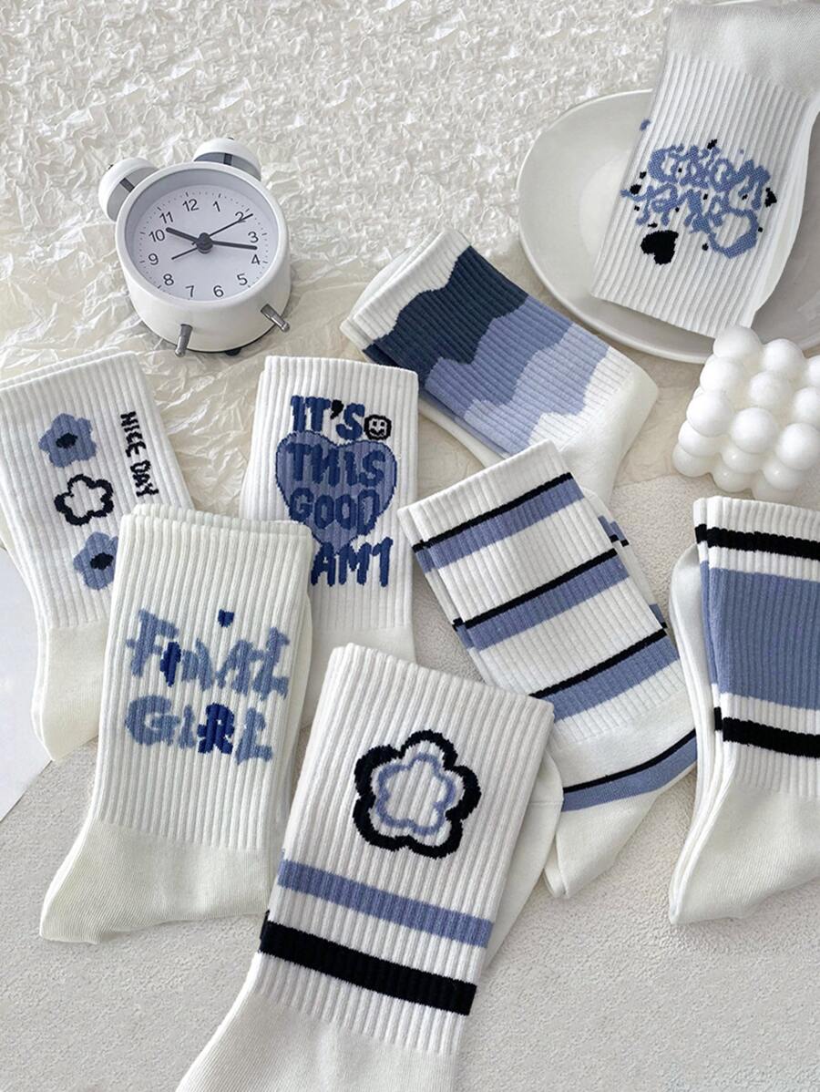 4pairs Random Women's Striped & Floral Pattern Mid-calf Socks For Daily Wear
