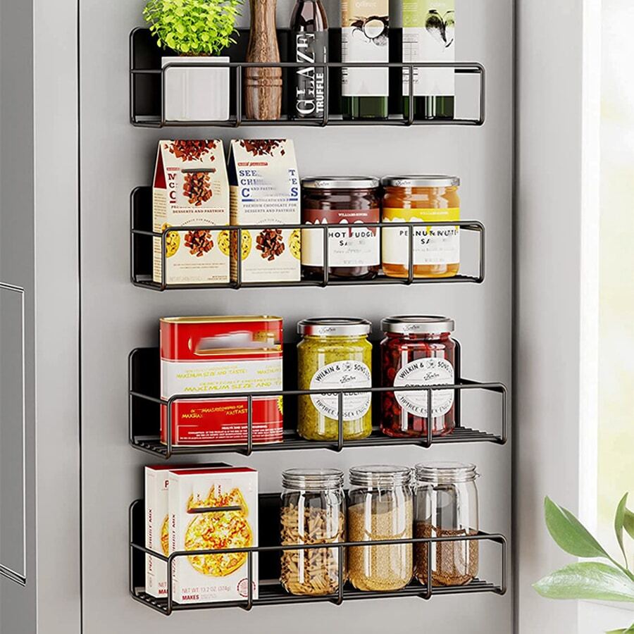 1 Set Magnetic Spice Rack Organizer, Space Saver for Refrigerator and Microwave Oven, Metal Fridge Shelf, Black