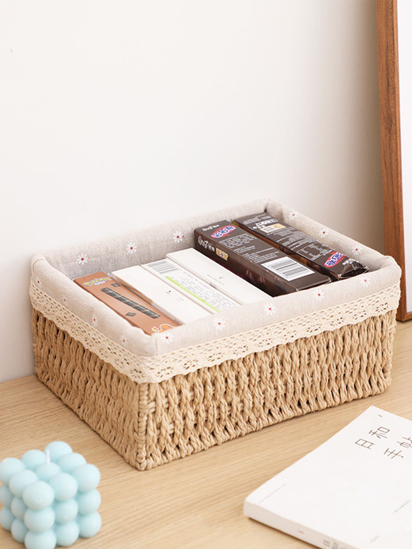 1pc Rattan Desktop Storage Basket, Simple Home Use Storage Box For Cosmetics, Snacks, And Miscellaneous Items