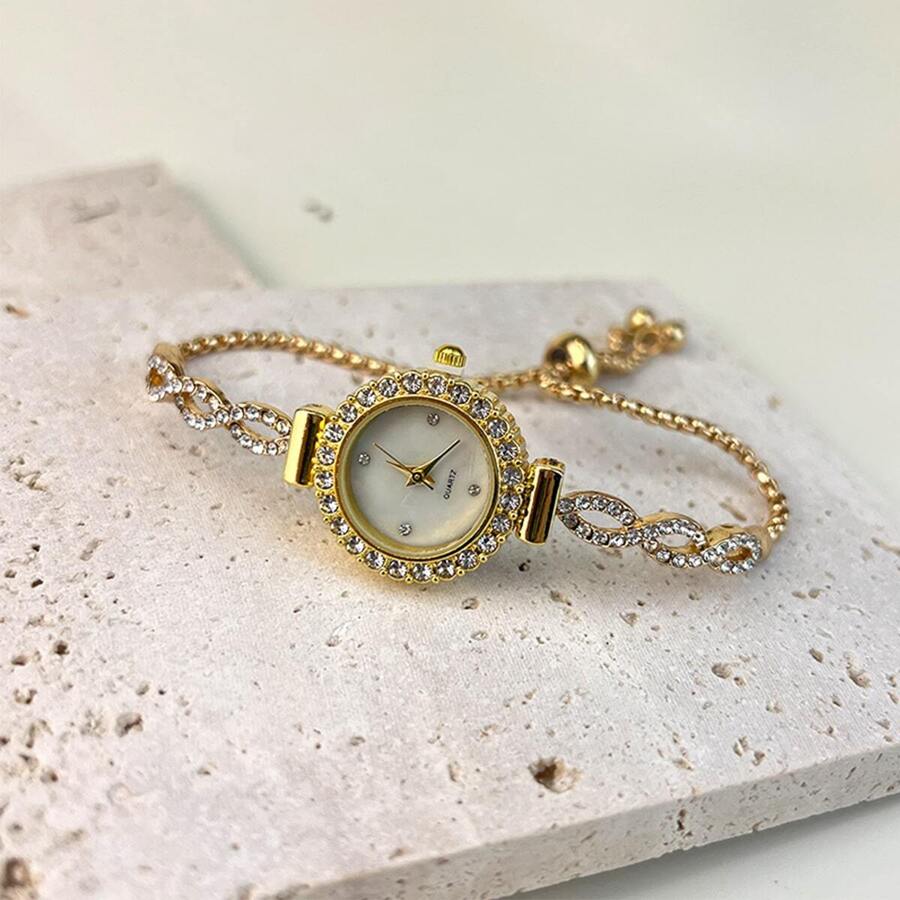 1 pièce Pour Femme Doré Torsadé Bracelet Sangle Avec Avec Strass Élégant Montre À Quartz Adapté Pour Port Quotidien