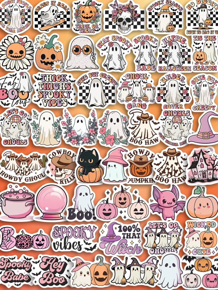 Retro Hippie Halloween Spooky Babe Stickers Pink Halloween Skeleton Pumpkin DIY Album Diary Deco Aesthetic Stickers Scrapbooking Material,School Supplies,Back To School