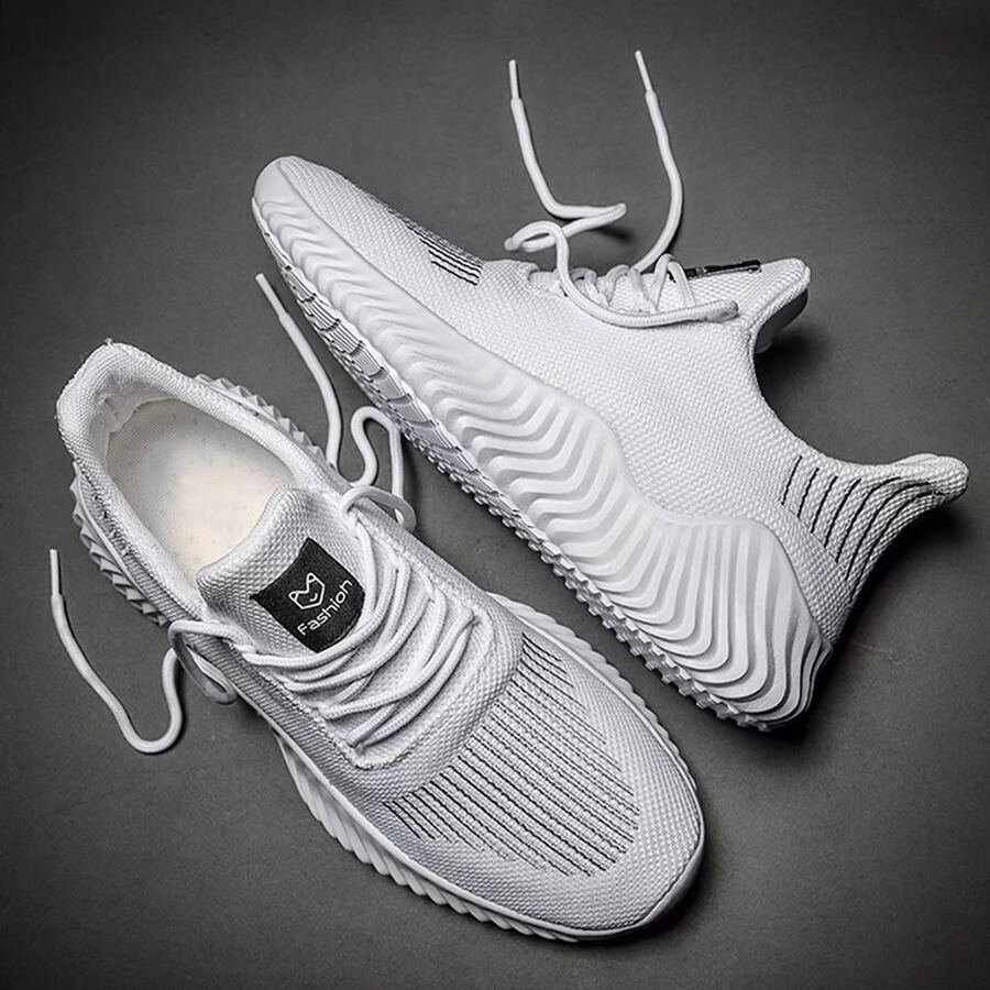 Lightweight Knit White Sneakers For Men, Fashionable And Versatile Sports Shoes For Running And Casual Walking