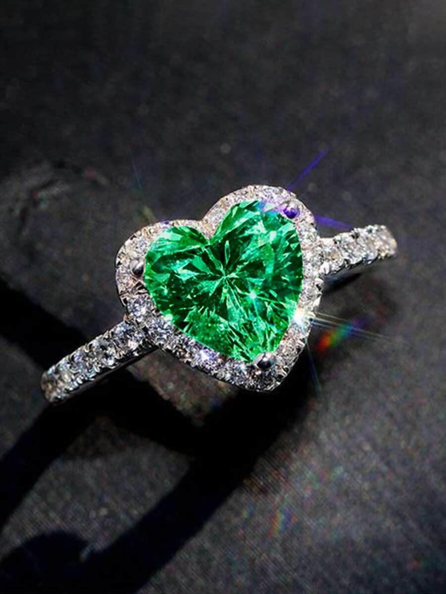 1 PC Romantic Green Heart Cubic Zirconia Ring For Women For Valentine's Day Gift Wedding Engagement Anniversary Party Jewelry Valentines,Mom,Mother,Mother's Day,Gift