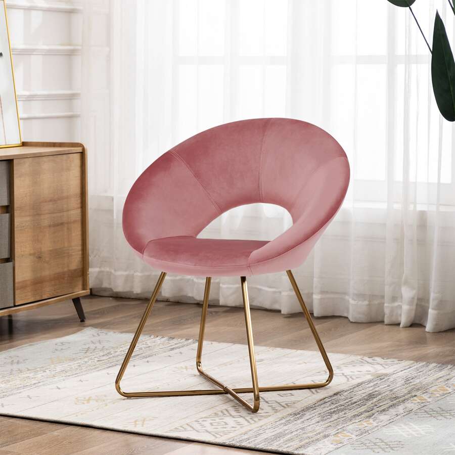 Duhome Modern Accent Velvet Chairs Dining Chairs Single Sofa Comfy Upholstered Arm Chair Living Room Furniture Mid-Century Leisure Lounge Chairs With Golden Metal Frame Legs 1 PCS Pink