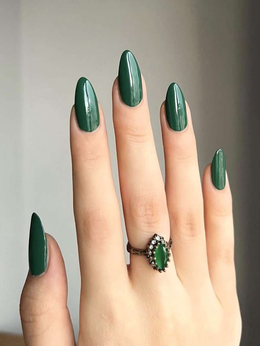 24pcs Almond Shape Medium Length Solid Green Color Glossy Full Cover False Nails For Women And Girls Daily Wear Press On Nails Nail Supplies