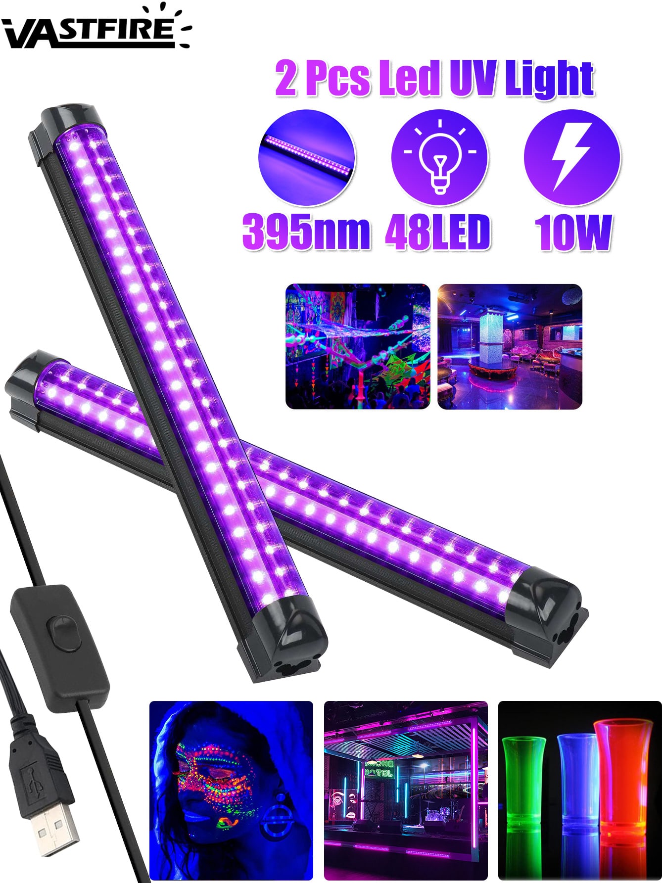 2 Pack Led Black Light Bar, 10W 395nm USB 48led UV Blacklight Tube