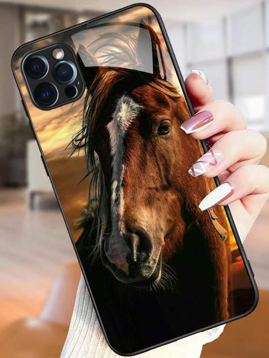 Coque de téléphone en verre transparent avec imprimé cheval brun, compatible avec iPhone/Samsung// Redmi/OPPO/OnePlus/Infinix