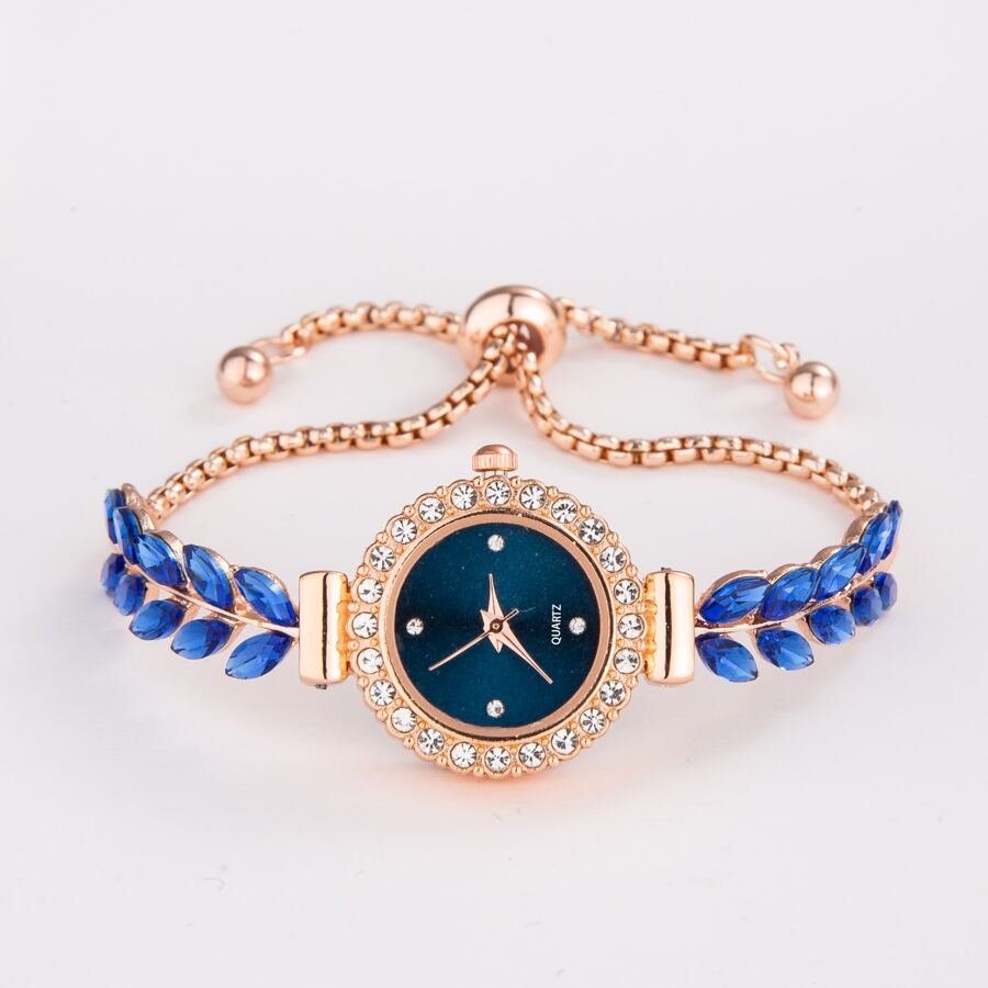 Neue modische lässige Armbanduhr für Damen, süßes rundes kleine Ziffernblatt mit Kristallen, Blatt- und Federmuster am Armband, Metall Quarz Uhr, Geschenk