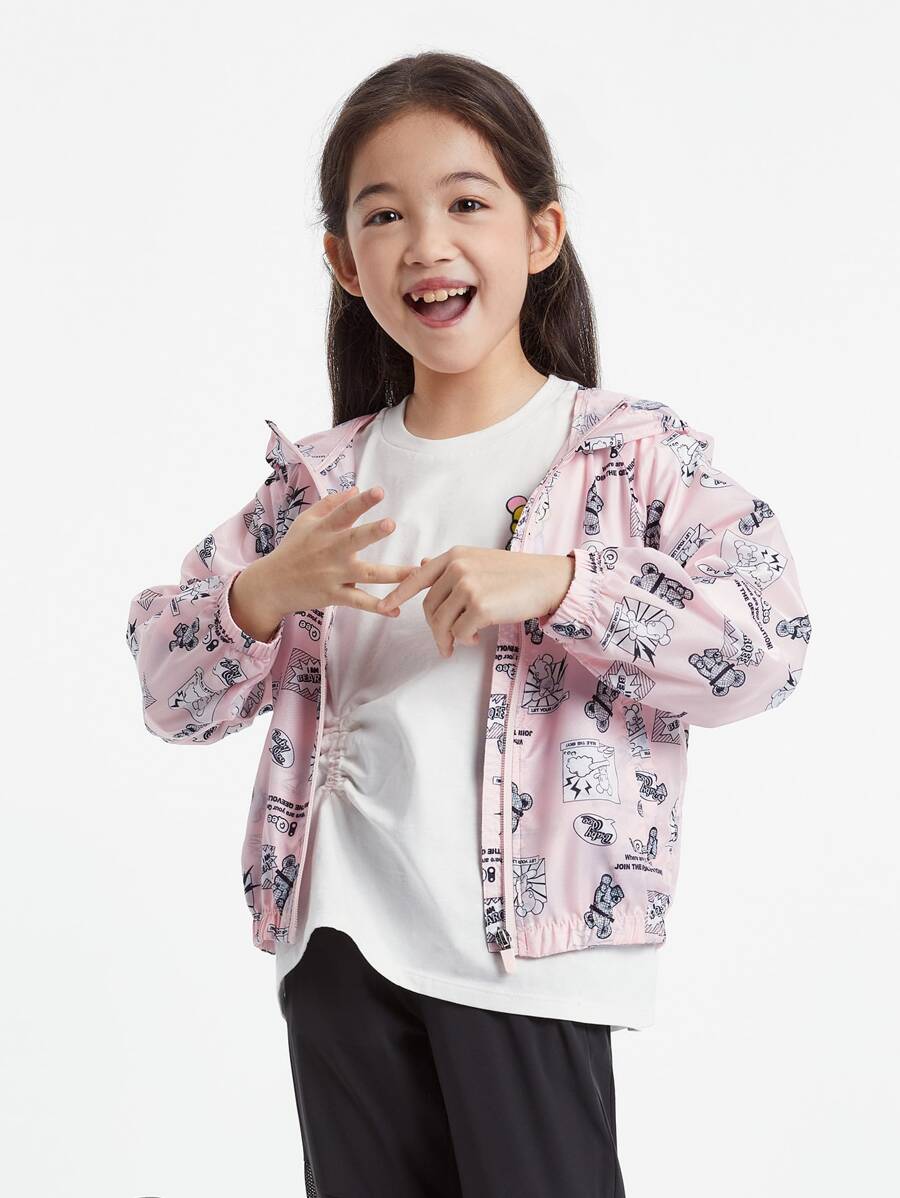 Annil Girls Cartoon Print Sun Protection Lightweight Hooded Jacket White