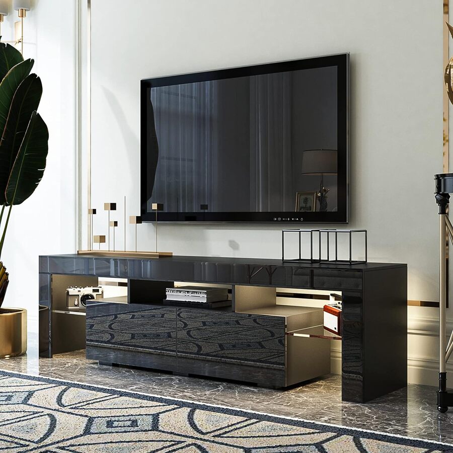 QQD LED TV Stand High Glossy Entertainment Center Modern Television Stands With Large Storage Wood TV Stand For 60/65/70 Inch TV Gaming Media TV Console For Living Room Bedroom