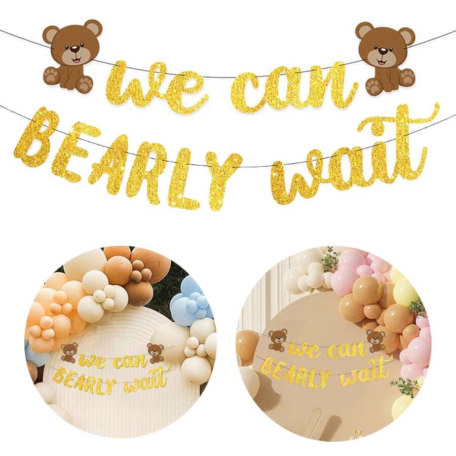 We Can Bearly Wait Glitter Banner, Baby Shower Decorations, Gender Reveal Party Supplies for Teddy Bear Theme Garland (Gold and Brown)