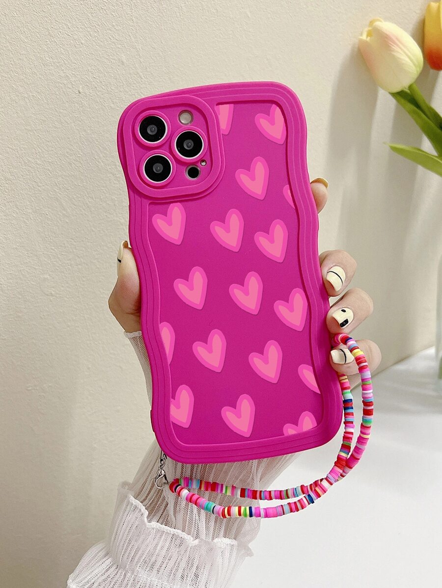 Valentines 1pc Silicone Pink Protective Soft Case With Anti-Shock Heart Pattern Print, Including Lanyard Compatible With Iphone Models (11/12/13/14/7/8/Se/7plus/8plus/X/Xs Max/Xr/11pro/12pro/13pro/14pro/1promax/12promax/13promax/14promax/14plus) For Both Men And Women Kawaii