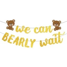 We Can Bearly Wait Glitter Banner, Baby Shower Decorations, Gender Reveal Party Supplies for Teddy Bear Theme Garland (Gold and Brown)