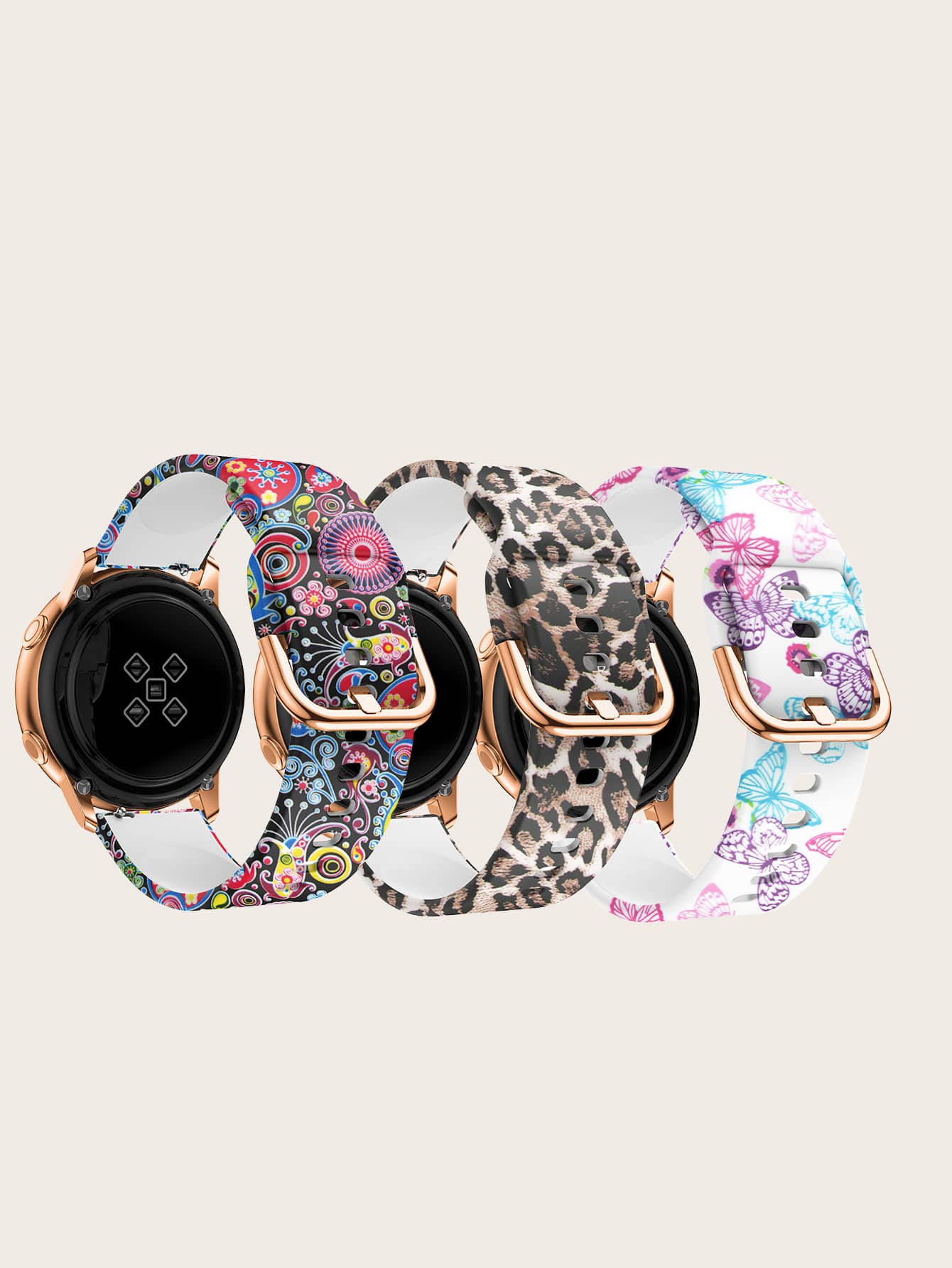 1 Set Of 3 Printed Silicone Watchbands, Leopard Print, Butterfly Print, And Colorful Jellyfish Print, Compatible With 20/22mm Samsung Galaxy Watch6/5pro/4, Rose Gold Buckle
