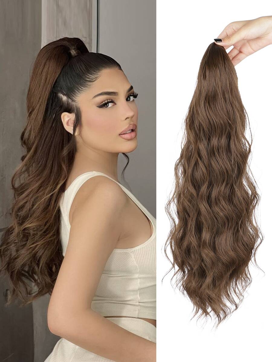 Extension de queue de cheval Clip Ponytail pour femmes Extension de queue de cheval ondulée de 20 pouces en synthétique naturel doux pour un usage quotidien (brun clair)