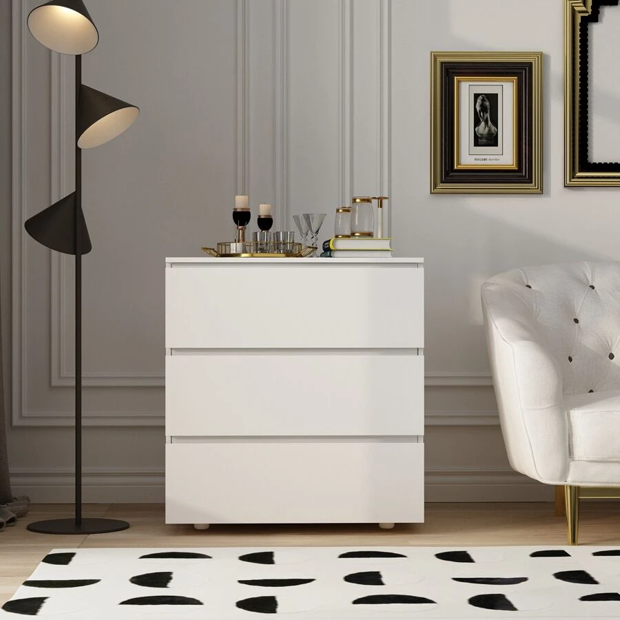 White Dresser Chest with 3 Drawers, Wooden Dresser Tower with Wide Storage Space, Dresser Closet for Nursery Living Room Bedroom Hallway