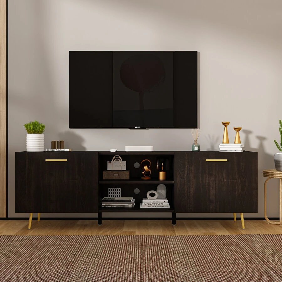 TV Stand for TV up to 65", Modern Wood Universal Media Console with Metal Legs, 2 Storage Cabinets & 2 Open Shelves, Home Living Room Furniture Entertainment Center