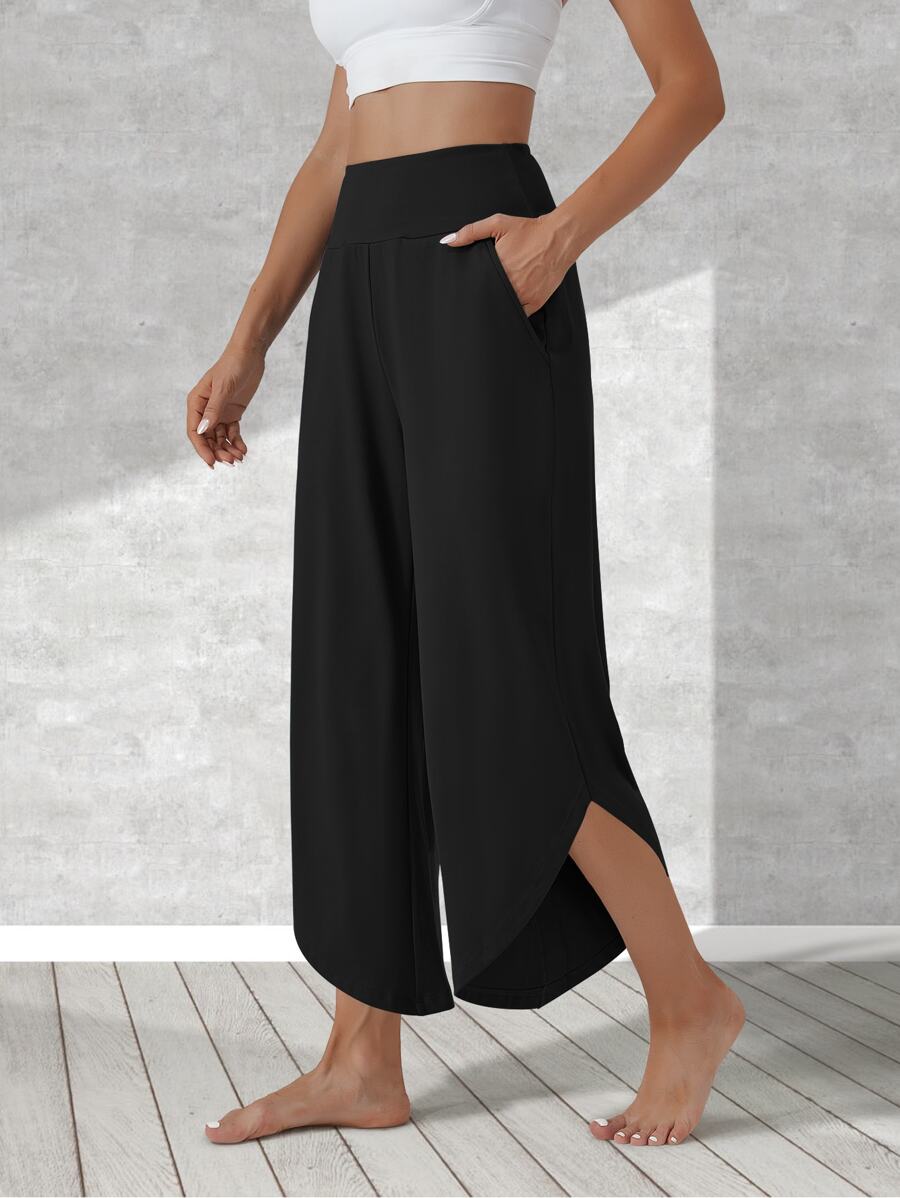 Women's High-waist Yoga Wide Leg Pants With Pockets, Curved Cut-out Hem And Side Slit, Sporty And Casual Loose Fit Capri Pants